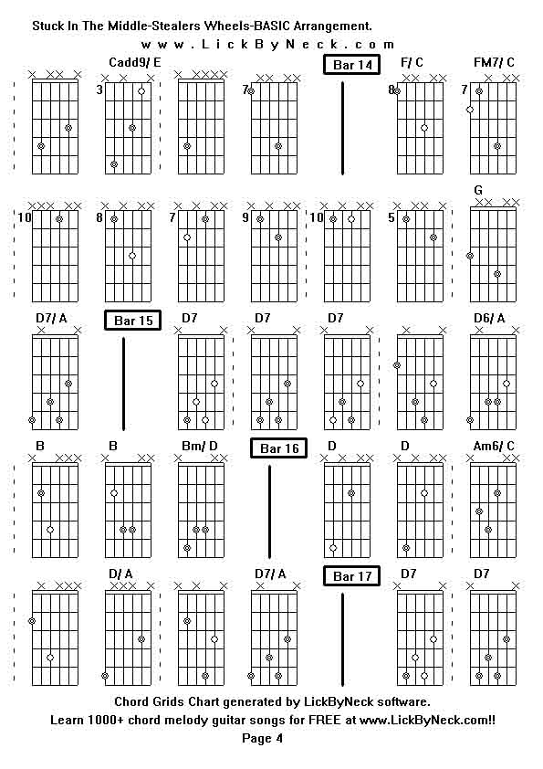 Chord Grids Chart of chord melody fingerstyle guitar song-Stuck In The Middle-Stealers Wheels-BASIC Arrangement,generated by LickByNeck software.